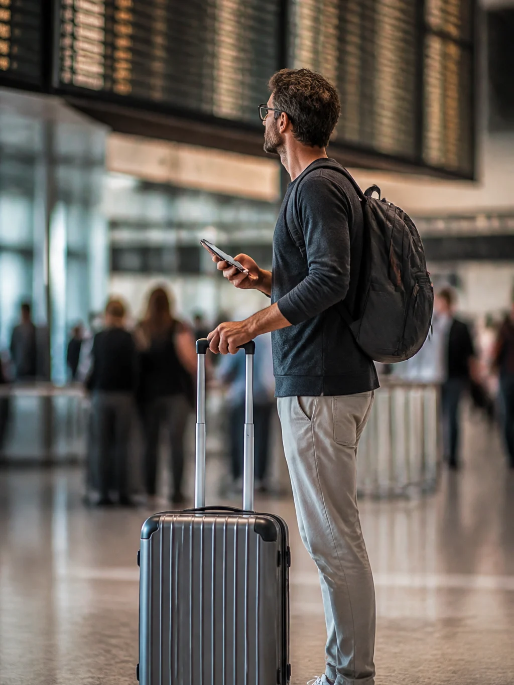 Como fazer check-in Gol e evitar problemas antes do embarque - Viajante conferindo informações para fazer check-in Gol pelo celular no aeroporto