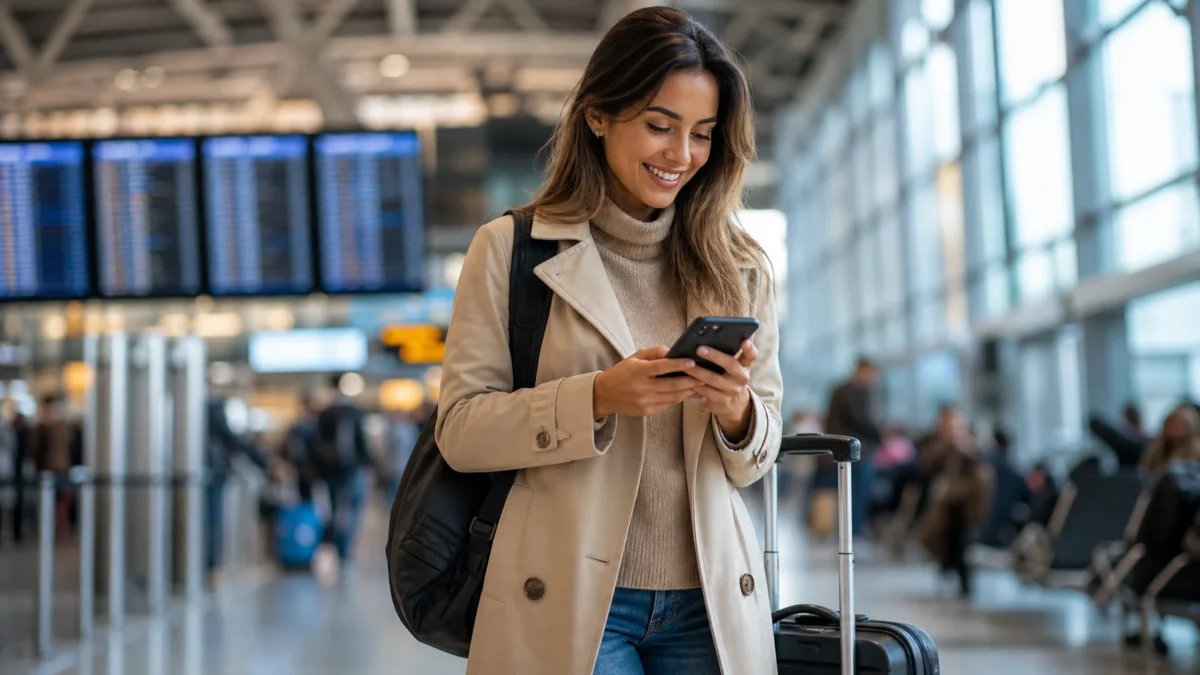 Como fazer check-in LATAM e emitir o cartão de embarque sem imprevistos - Passageira fazendo check-in LATAM pelo celular antes de embarcar