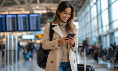 Como fazer check-in LATAM e emitir o cartão de embarque sem imprevistos - Passageira fazendo check-in LATAM pelo celular antes de embarcar