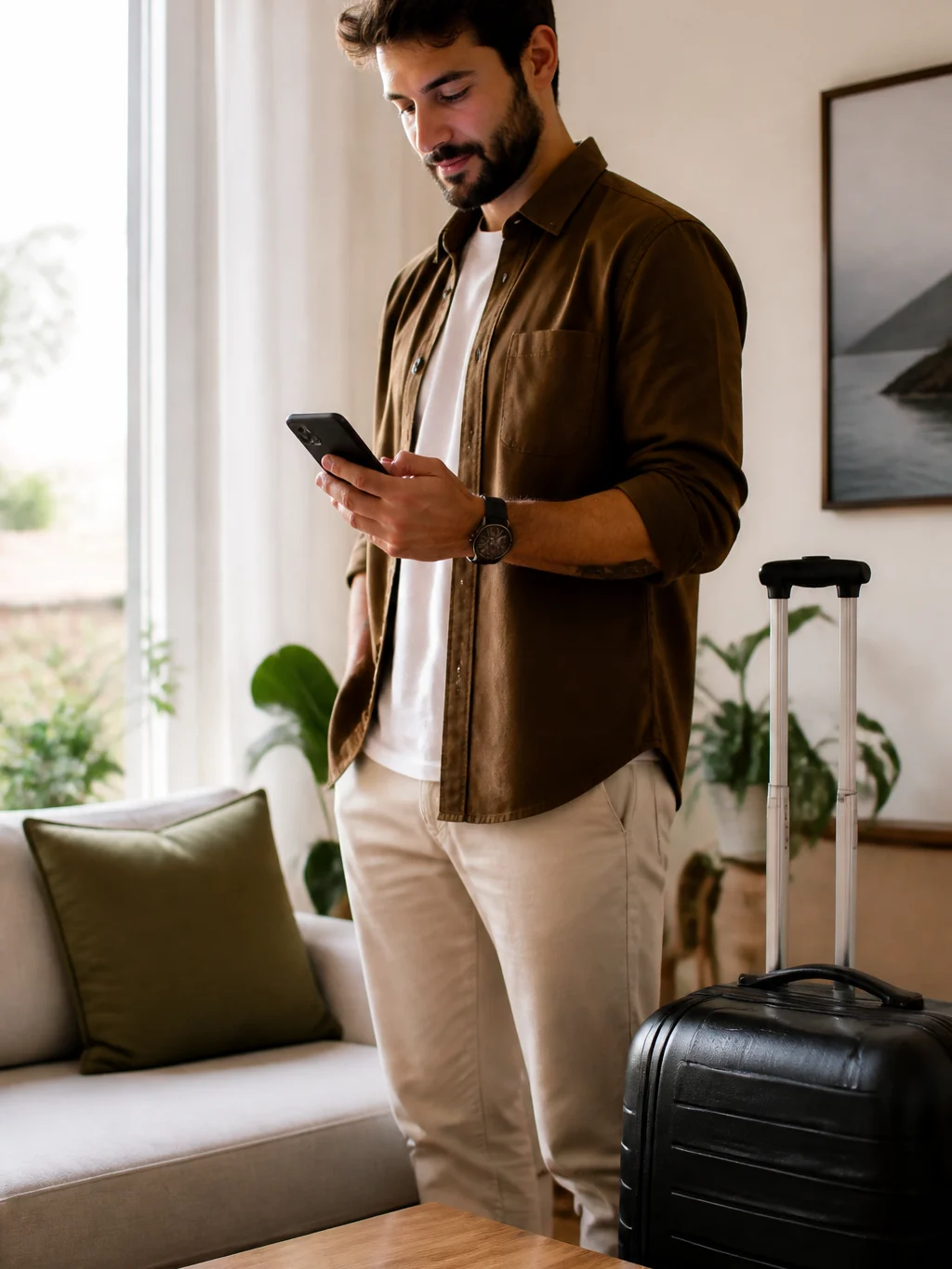 Como fazer check-in LATAM e emitir o cartão de embarque sem imprevistos - Viajante preparando o check-in LATAM pelo celular antes da viagem