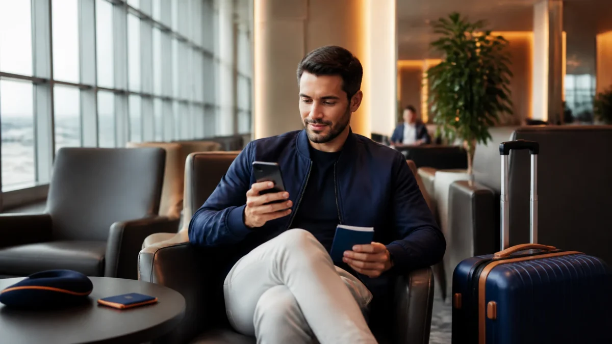 Como vender milhas TAP Miles&Go com mais segurança e avaliar a cotação - Passageiro consultando saldo para vender milhas TAP Miles&Go em ambiente de viagem