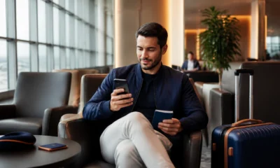 Como vender milhas TAP Miles&Go com mais segurança e avaliar a cotação - Passageiro consultando saldo para vender milhas TAP Miles&Go em ambiente de viagem
