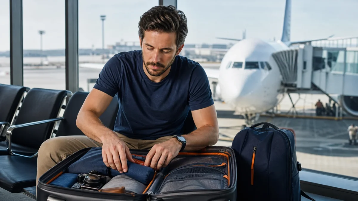 Companhia aérea pode obrigar a despachar mala de mão no portão? - Passageira organizando mala de mão antes do embarque em aeroporto