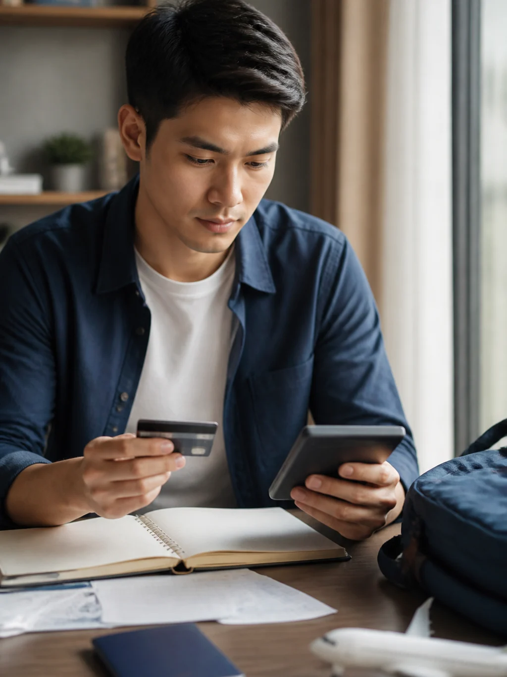Comprar pontos Esfera vale a pena? Faça a conta antes de aproveitar ofertas - Viajante calculando se comprar pontos Esfera vale a pena para emitir passagem