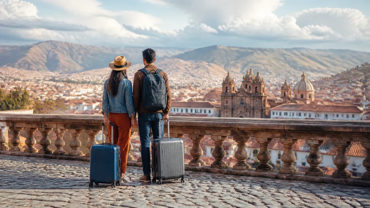 Destinos baratos na América do Sul: como planejar sem surpresas - Casal viajante observando paisagem urbana em um destino barato na América do Sul