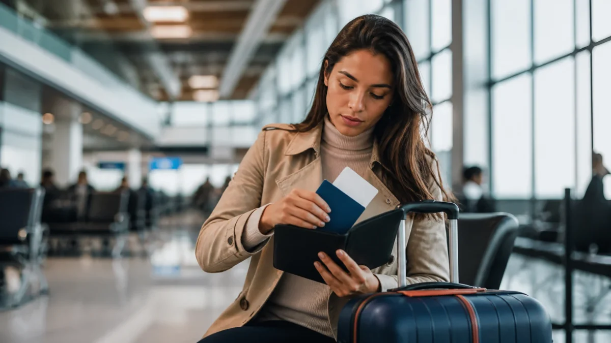 Documentos para viajar de avião no Brasil: o que levar ao aeroporto - Passageira organizando documentos para viajar de avião no Brasil antes do embarque