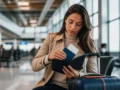 Documentos para viajar de avião no Brasil: o que levar ao aeroporto - Passageira organizando documentos para viajar de avião no Brasil antes do embarque