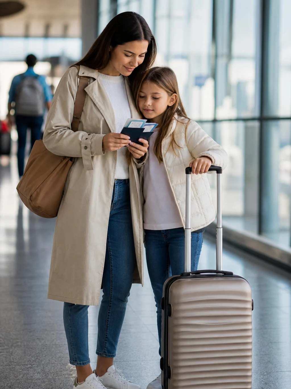 Documentos para viajar de avião no Brasil: o que levar ao aeroporto - Responsável conferindo documentos para viajar de avião no Brasil com uma criança no aeroporto
