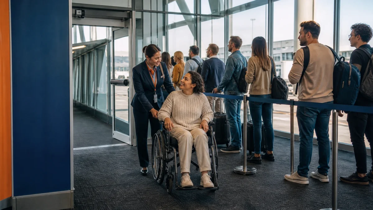 Embarque prioritário: quem tem direito e como funciona no aeroporto - Passageira com mobilidade reduzida recebendo embarque prioritário no aeroporto