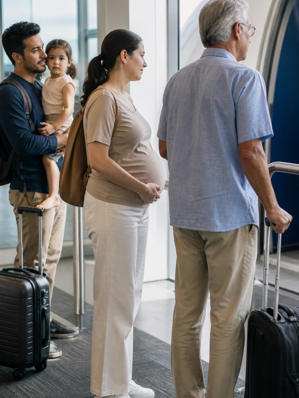 Embarque prioritário: quem tem direito e como funciona no aeroporto - Grupo de passageiros com prioridade legal no embarque aguardando o chamado no portão