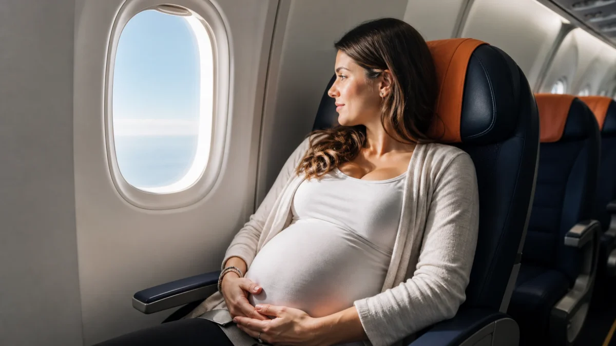 Gestante pode viajar de avião? Cuidados, documentos e limites - Gestante sentada próxima à janela de um avião durante viagem