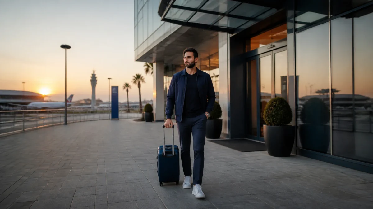 Hotel perto do aeroporto vale a pena? Veja quando a diária ajuda - Hotel perto do aeroporto com viajante e mala antes de um voo