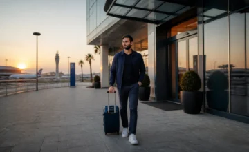 Hotel perto do aeroporto vale a pena? Veja quando a diária ajuda - Hotel perto do aeroporto com viajante e mala antes de um voo