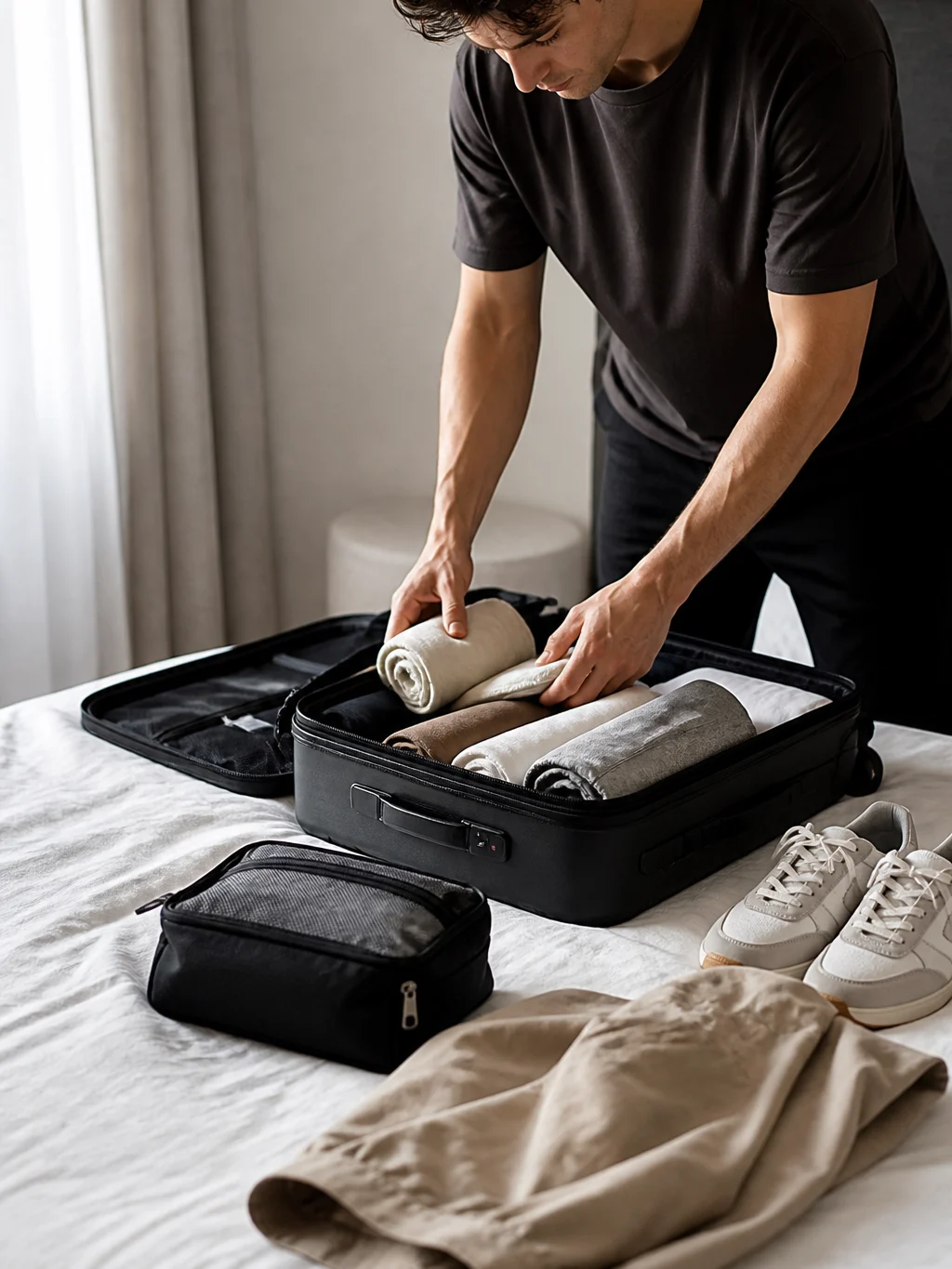 Mala de 10 kg: o que levar para viajar leve sem esquecer o essencial - Organização de mala de 10 kg com roupas versáteis para viagem de avião
