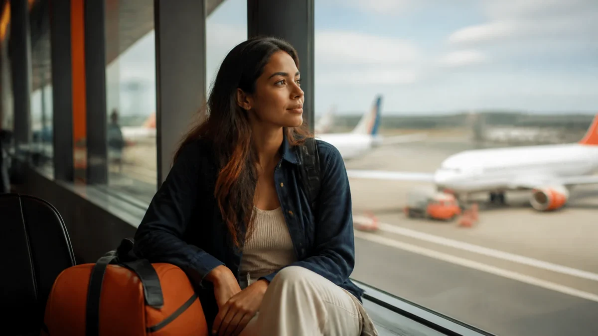 Medo de viajar de avião: como se preparar e voar com mais calma - Passageira lidando com medo de viajar de avião enquanto observa aeronaves no aeroporto