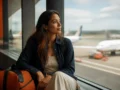 Medo de viajar de avião: como se preparar e voar com mais calma - Passageira lidando com medo de viajar de avião enquanto observa aeronaves no aeroporto