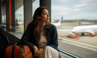 Medo de viajar de avião: como se preparar e voar com mais calma - Passageira lidando com medo de viajar de avião enquanto observa aeronaves no aeroporto
