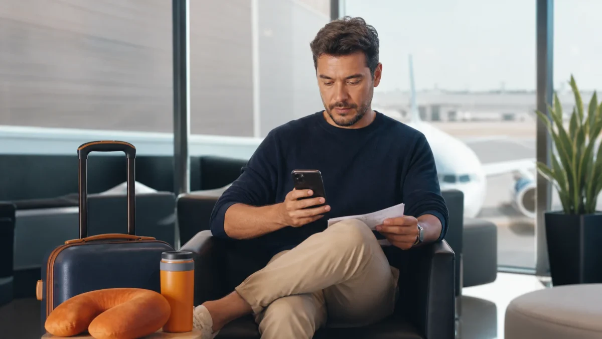 Milhas retroativas: como solicitar créditos que não caíram após o voo - Passageira consultando milhas retroativas no celular após um voo