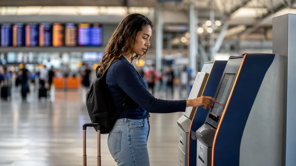 O que é check-in e por que ele vem antes do embarque - Passageira fazendo check-in no aeroporto antes de um voo