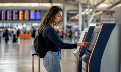 O que é check-in e por que ele vem antes do embarque - Passageira fazendo check-in no aeroporto antes de um voo