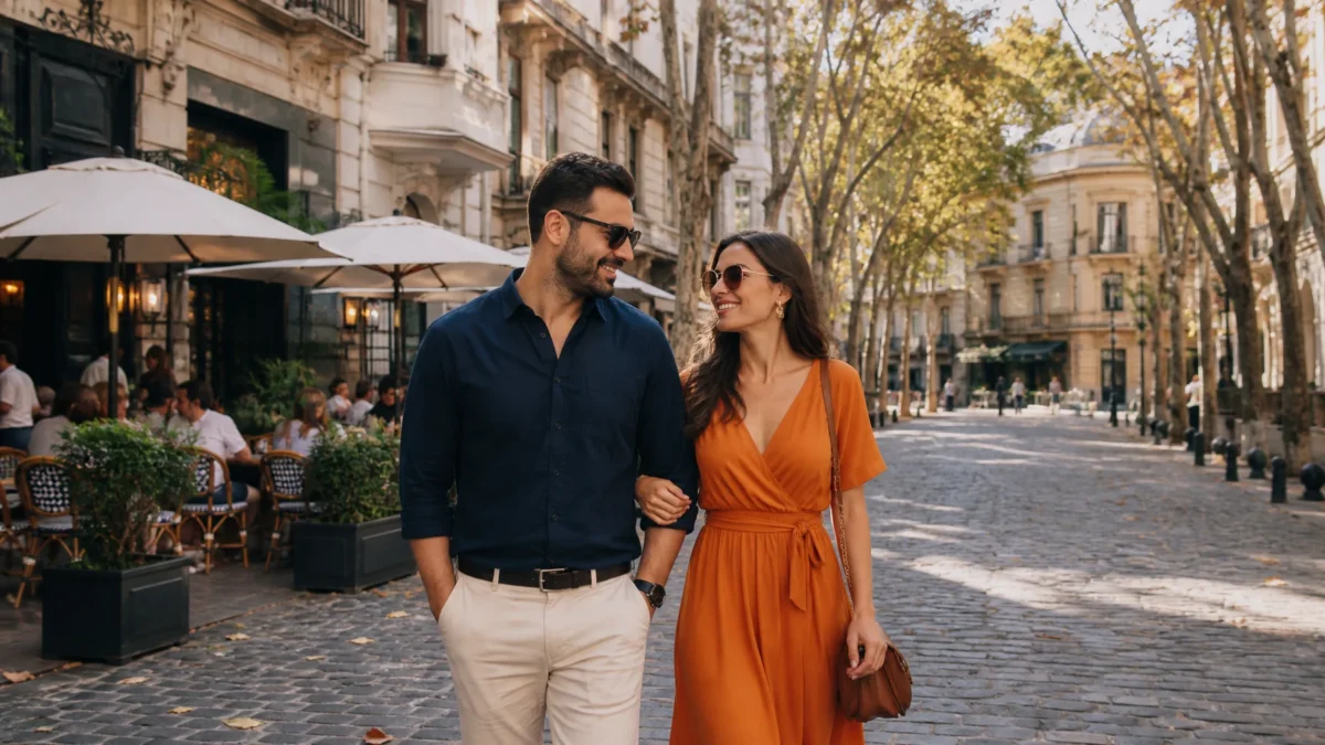 O que fazer em Buenos Aires: atrações, bairros e passeios para combinar - Casal caminhando entre prédios históricos e cafés em Buenos Aires