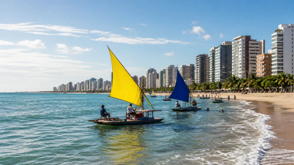 O que fazer em Fortaleza: praias, cultura e passeios para planejar - Vista da orla e das praias de Fortaleza com jangadas e prédios ao fundo