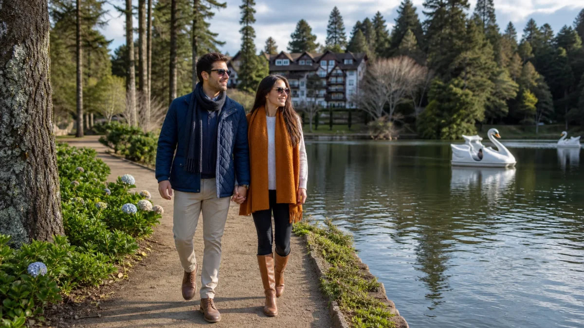 O que fazer em Gramado: atrações e passeios para montar uma viagem equilibrada - Casal caminhando pelo Lago Negro durante viagem para Gramado