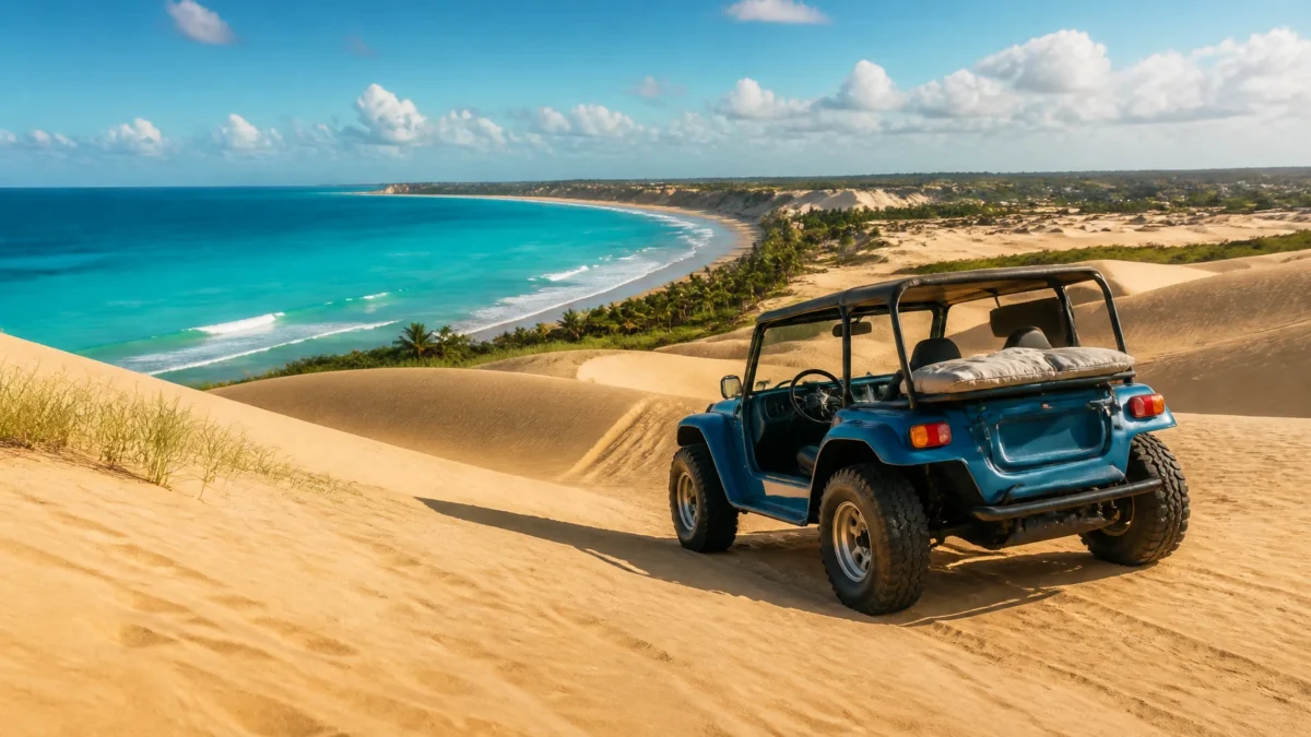 O que fazer em Natal: praias, dunas e passeios para planejar - Dunas e mar azul em uma das praias de Natal