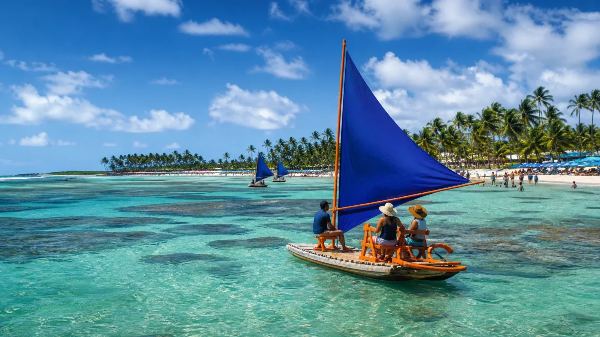 O que fazer em Porto de Galinhas além das piscinas naturais - Vista aérea das piscinas naturais de Porto de Galinhas com jangadas e mar azul