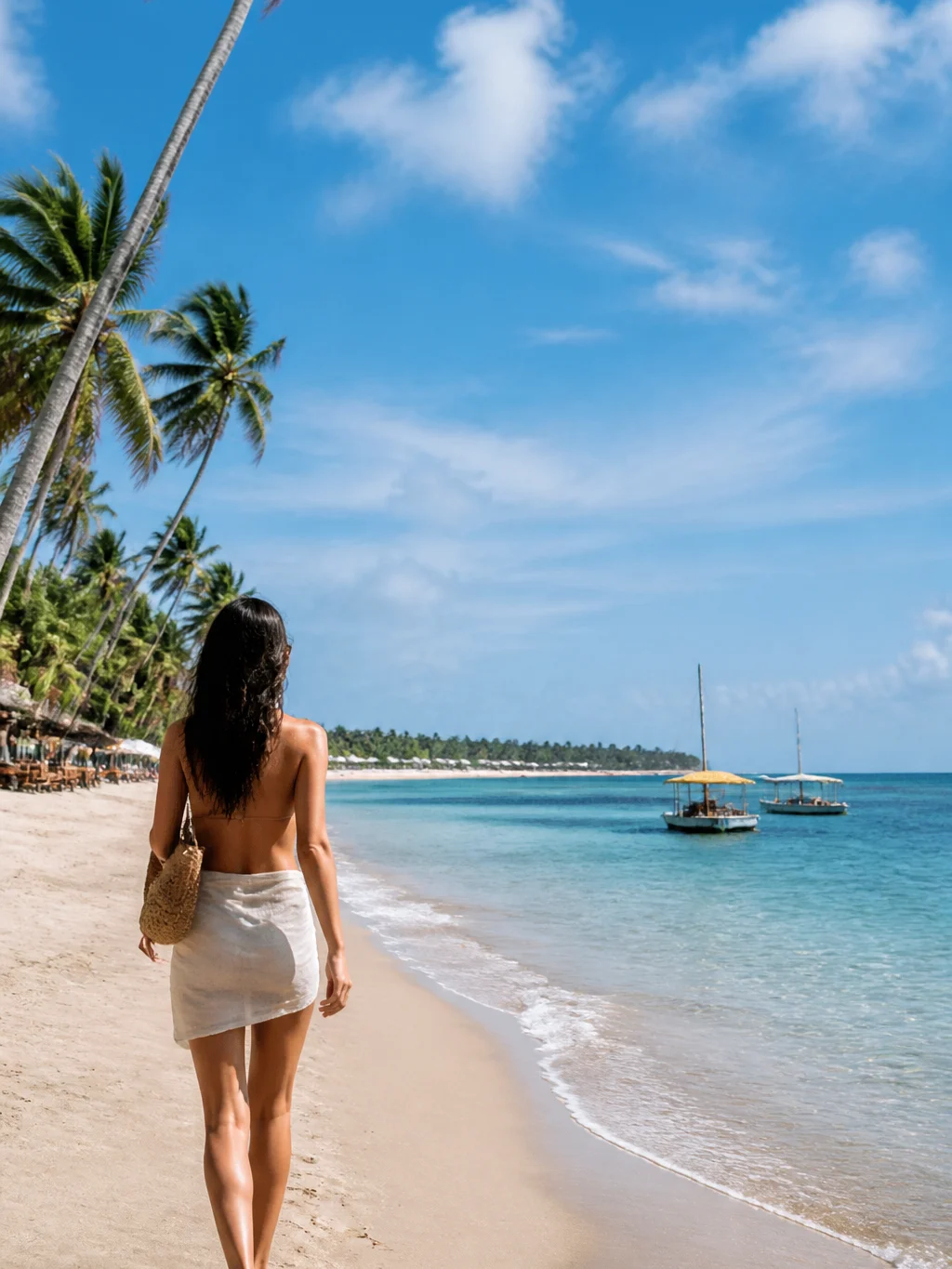 O que fazer em Porto de Galinhas além das piscinas naturais - Viajante caminhando em uma das praias de Porto de Galinhas perto de jangadas