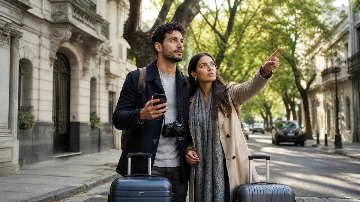 Onde ficar em Buenos Aires: bairros ideais para cada tipo de viagem - Casal com malas escolhendo onde ficar em Buenos Aires diante de prédios e ruas arborizadas