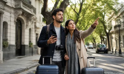 Onde ficar em Buenos Aires: bairros ideais para cada tipo de viagem - Casal com malas escolhendo onde ficar em Buenos Aires diante de prédios e ruas arborizadas