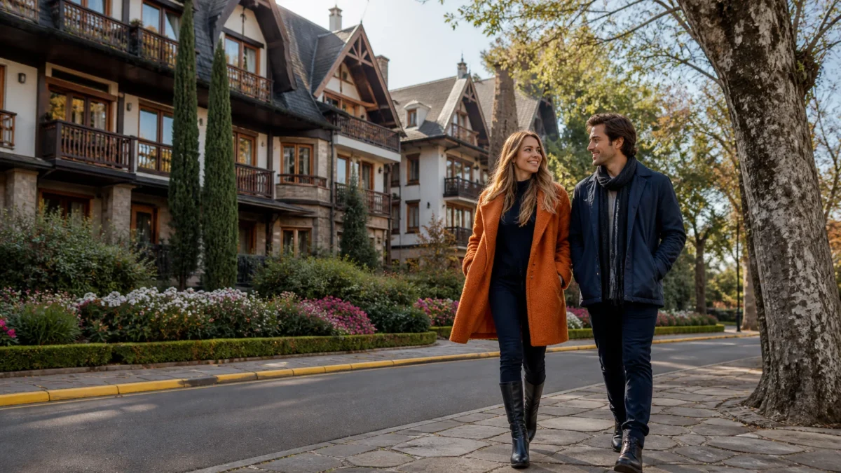 Onde ficar em Gramado: escolha a região ideal para sua viagem - Casal caminhando próximo ao centro de Gramado e seus hotéis