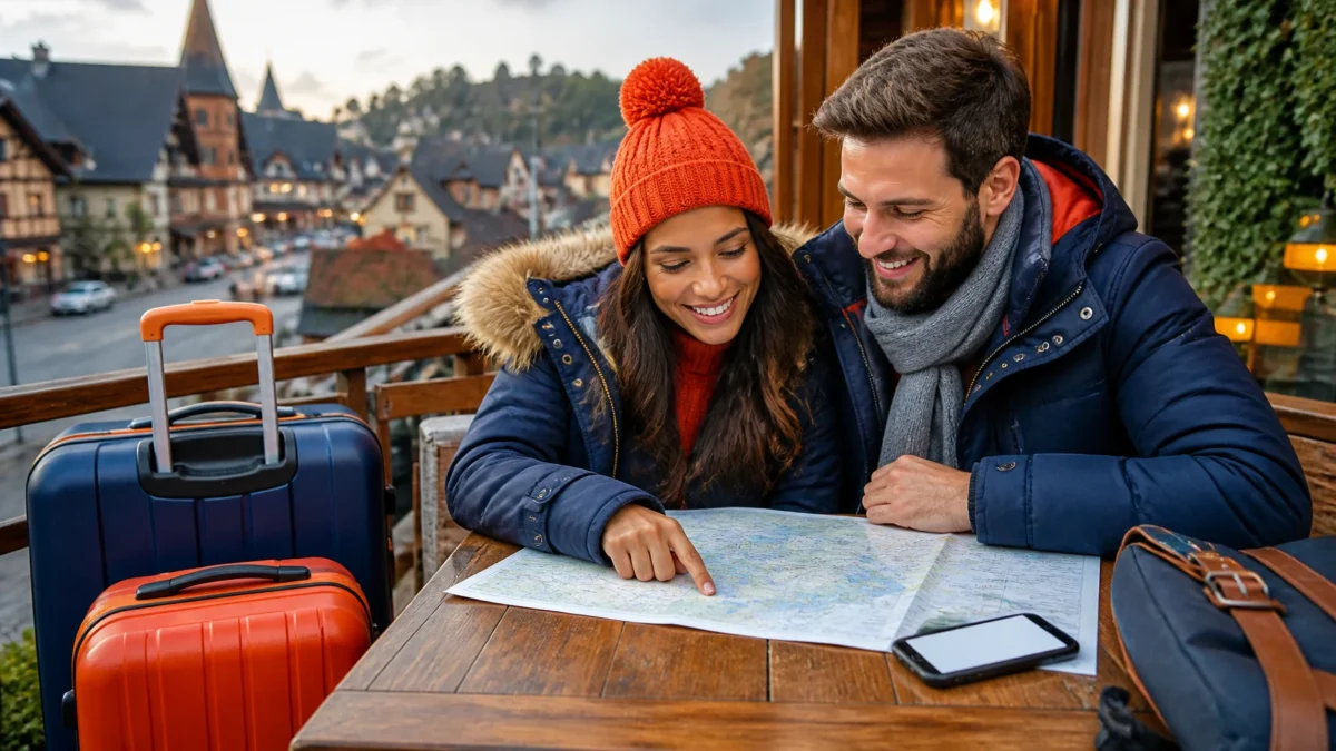 Pacote de viagem para Gramado: o que conferir antes de fechar - Casal planejando um pacote de viagem para Gramado com malas e roteiro de viagem