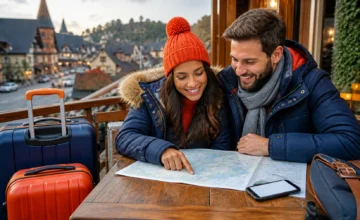 Pacote de viagem para Gramado: o que conferir antes de fechar - Casal planejando um pacote de viagem para Gramado com malas e roteiro de viagem