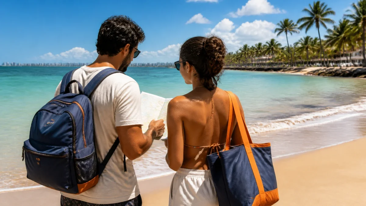 Pacote de viagem para Maceió: o que comparar antes de fechar - Casal observando o mar em Maceió enquanto planeja um pacote de viagem para Maceió