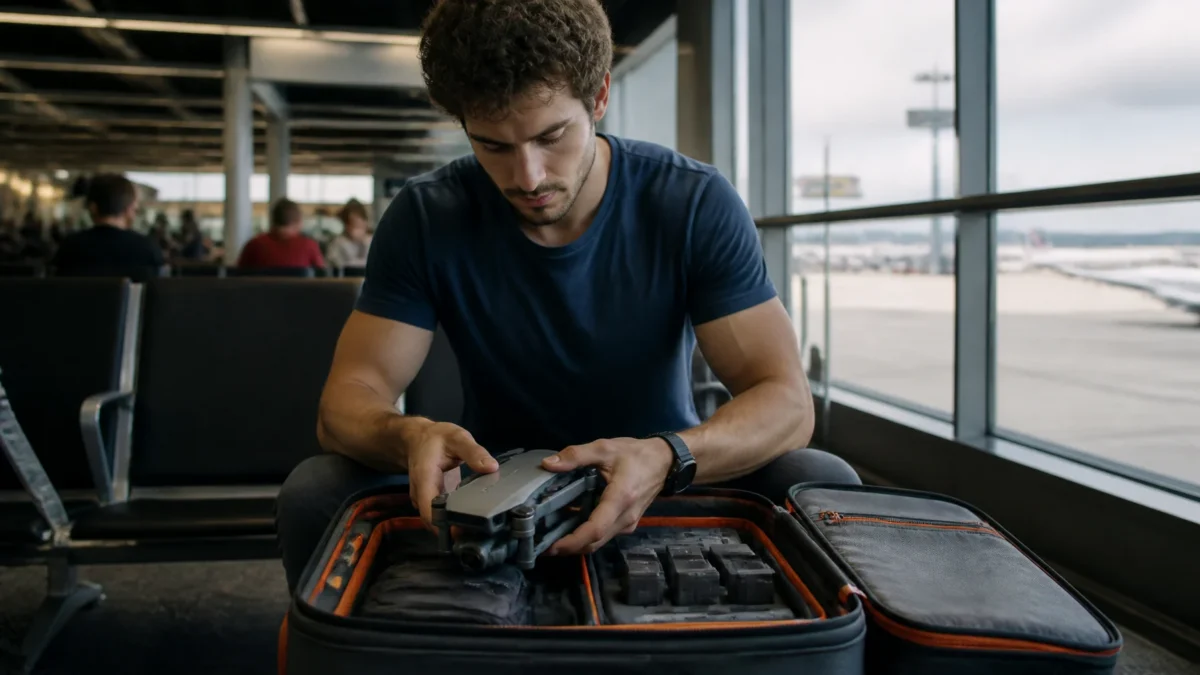 Pode levar drone no avião? Regras para baterias, mala e bagagem de mão - Viajante organizando drone na bagagem de mão antes de embarcar