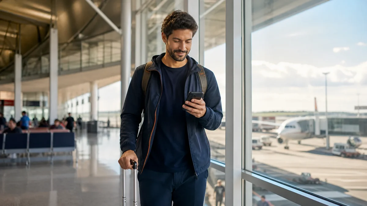 Pontos qualificáveis LATAM Pass: como funcionam para subir de categoria - Passageiro consultando pontos qualificáveis LATAM Pass antes de uma viagem
