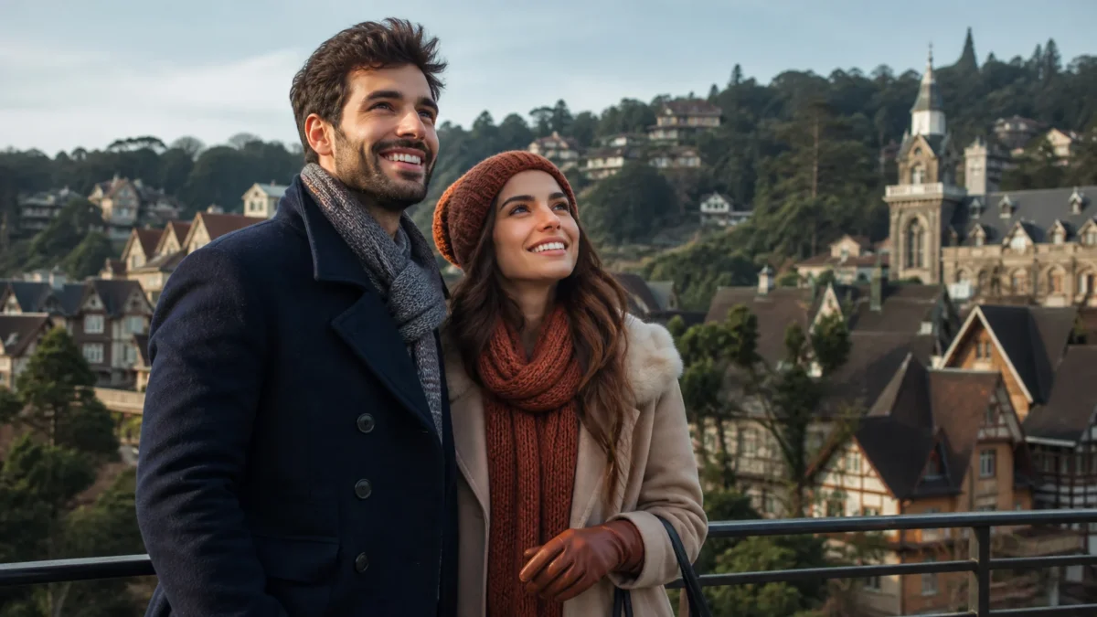 Quantos dias ficar em Gramado para aproveitar a viagem sem pressa - Casal observando a paisagem da Serra Gaúcha durante viagem para Gramado