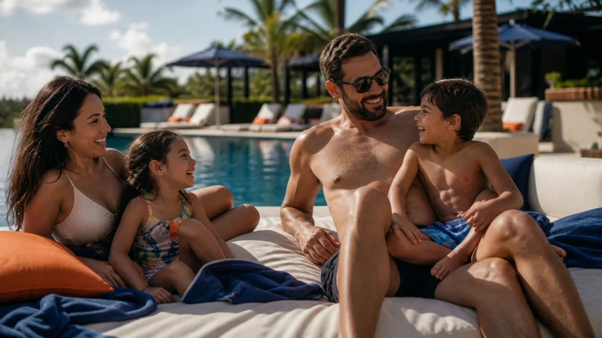 Resort para crianças: como escolher férias que funcionem para todos - Família com crianças aproveitando a área externa de um resort para crianças