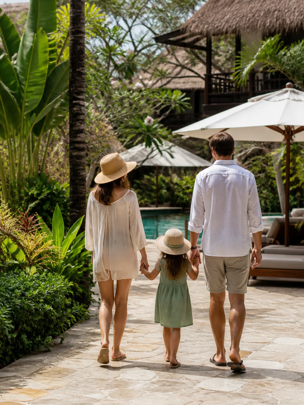 Resort para crianças: como escolher férias que funcionem para todos - Criança caminhando com os pais em um resort para crianças com área de lazer