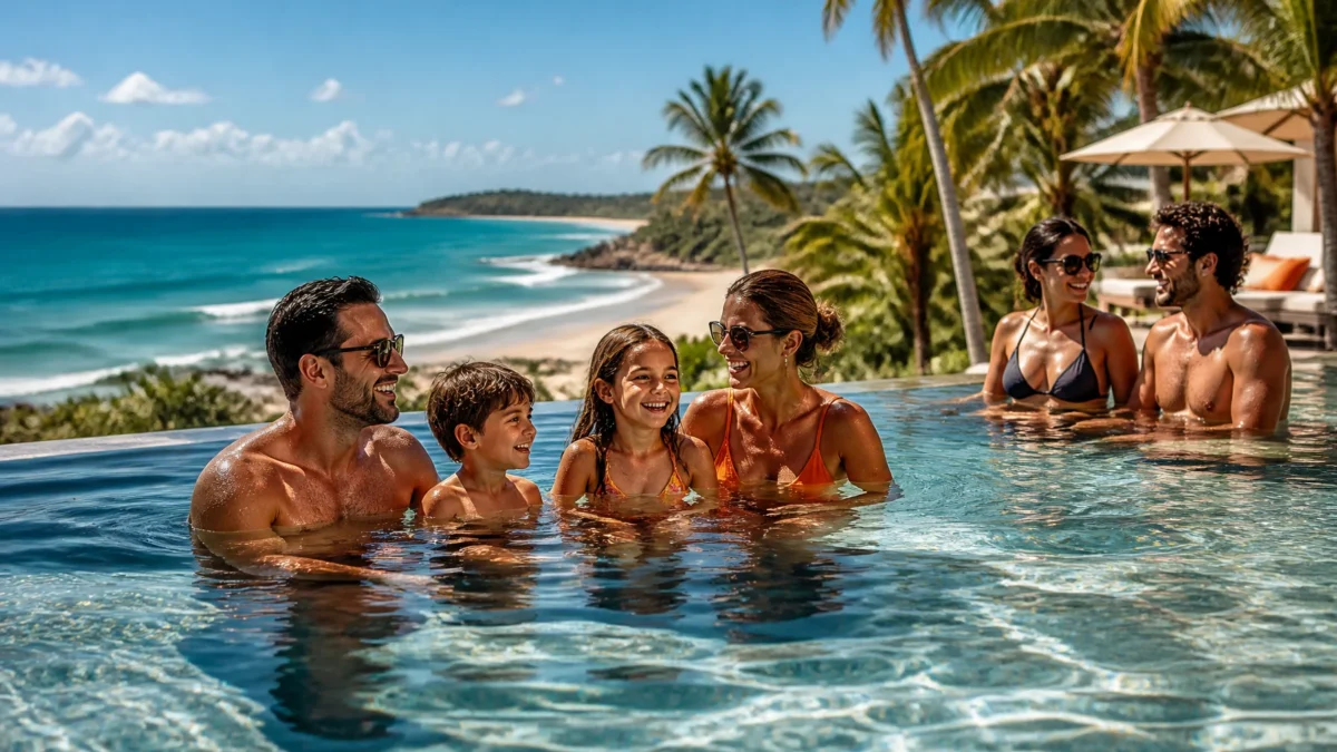 Resorts all inclusive no Nordeste: como escolher sem errar na viagem - Casal e família aproveitando área de piscina em resort all inclusive no Nordeste