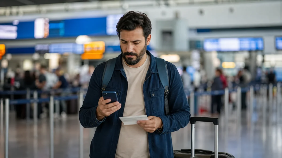 Taxa de embarque: o que é e como ela aparece na passagem aérea - Passageira consultando os custos da passagem aérea antes do embarque