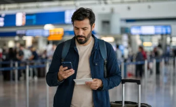 Taxa de embarque: o que é e como ela aparece na passagem aérea - Passageira consultando os custos da passagem aérea antes do embarque