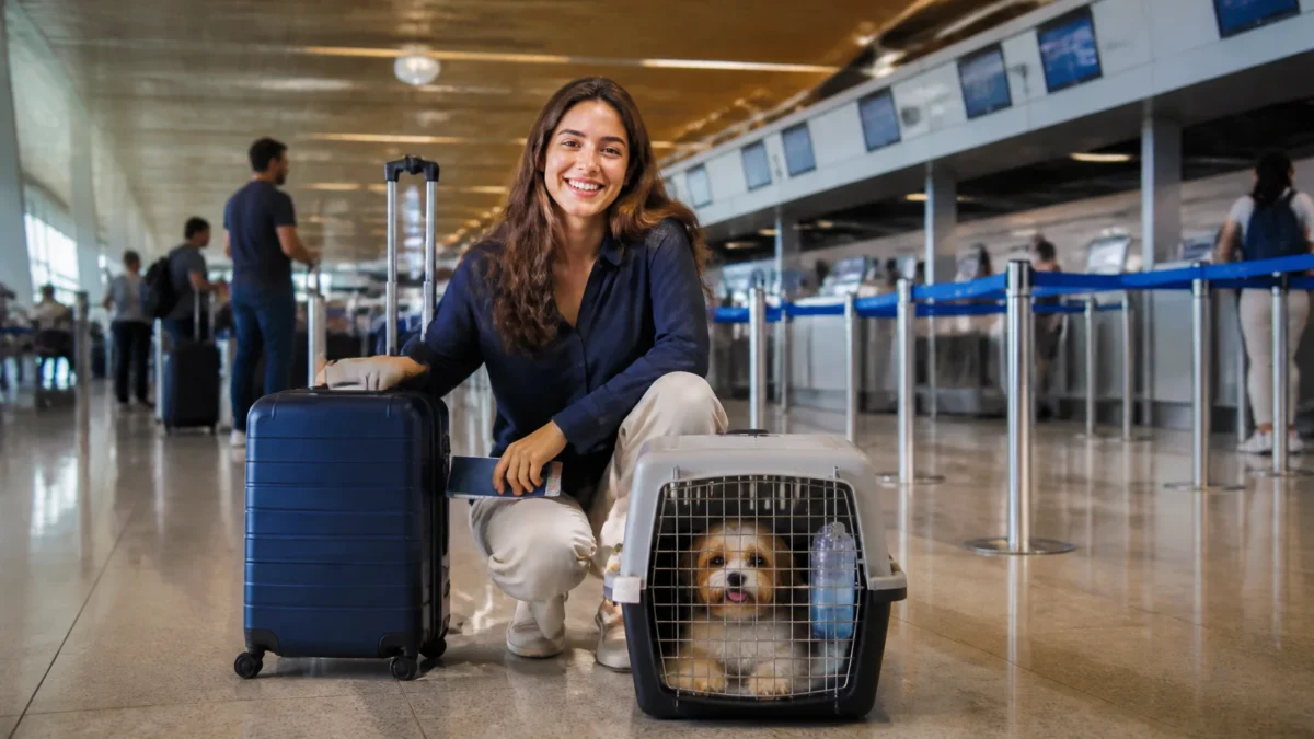 Viajar de avião com pet: regras, documentos e cuidados antes do embarque - Passageira viajando de avião com pet em caixa de transporte no aeroporto
