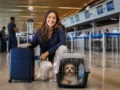 Viajar de avião com pet: regras, documentos e cuidados antes do embarque - Passageira viajando de avião com pet em caixa de transporte no aeroporto