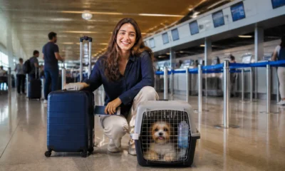 Viajar de avião com pet: regras, documentos e cuidados antes do embarque - Passageira viajando de avião com pet em caixa de transporte no aeroporto