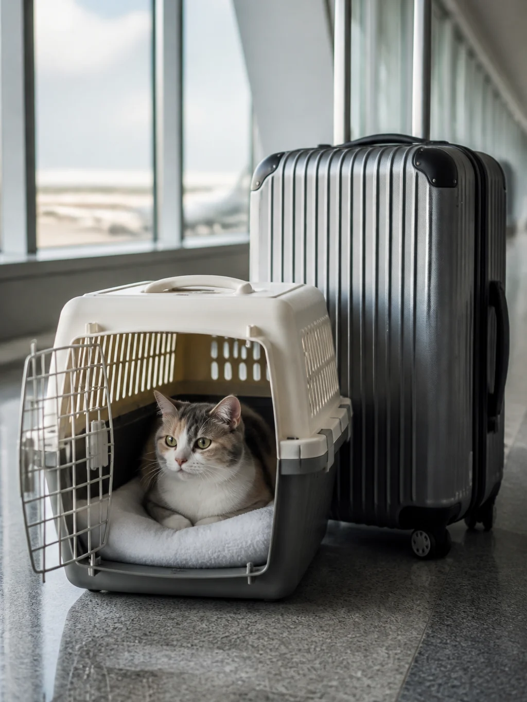 Viajar de avião com pet: regras, documentos e cuidados antes do embarque - Gato em caixa de transporte para pet preparado para viajar de avião
